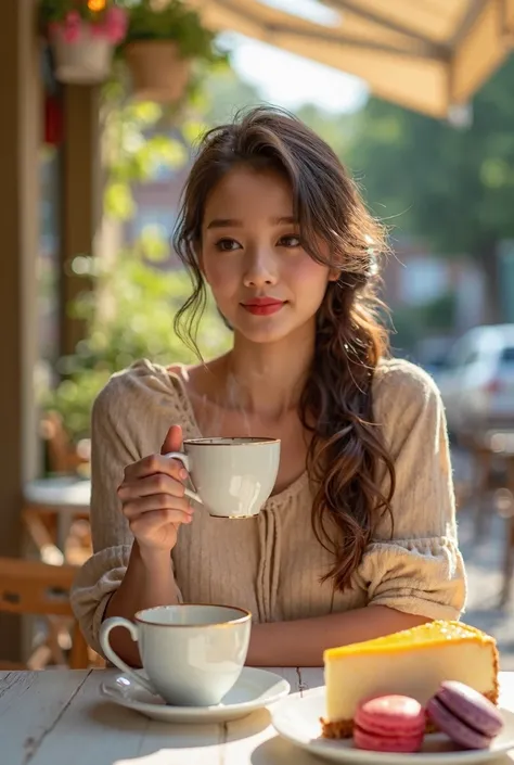 ((Masterpiece Real Photos 8K Wallpaper))Tea-time in the afternoon. Beautiful girl sitting at an outdoor cafe drinking latte coffee.The still steaming coffee cup was held in her hand.She had a relaxed expression on her face.A cheesecake and 3 colorful macar...