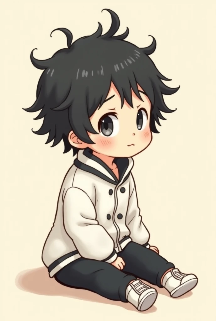 Make a simple image with a beige background with a black-haired character sitting with a white jacket with black details and black pants with small white sneakers as if it were a smaller child with a tiny male wavy hair in front with a gojo style hair 