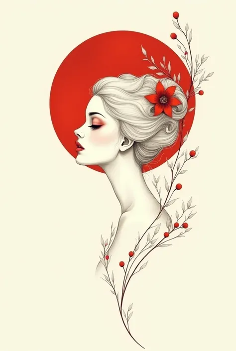 (masterpiece, Best quality:1.2), , Alone,Beautiful face，Red Minimalist Art Nouveau，Illustration style，White and red，flower