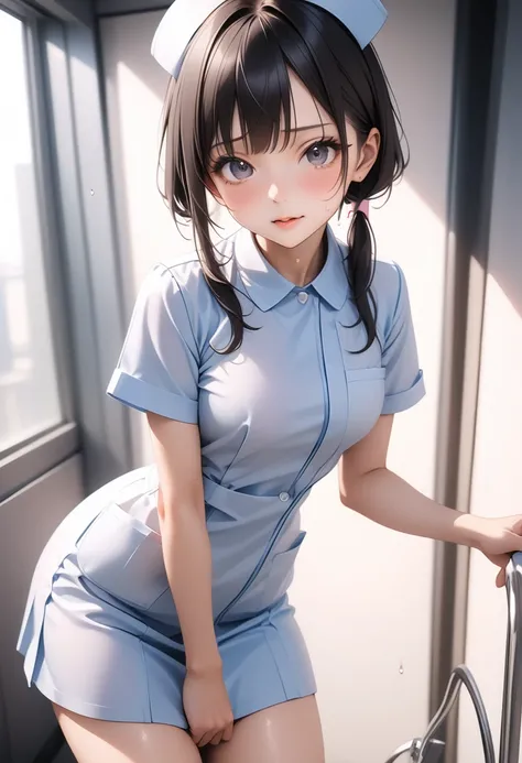 (((Nurse uniform, skirt))), ((Shinyコスチューム)), skindentation, skinny, Alone, 1 female, masterpiece, Best Quality, Best Quality, 16k, Unbelievably absurd, Very detailed, 2.5D, AI-generated, Delicate and dynamic, Very delicate facial expression, Delicate eye d...