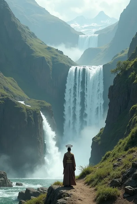 Mountain between waterfalls and 1 men in saworing