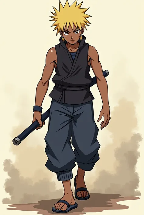  Create a Naruto Classic-style version of Raiden A. He has dark, deep brown skin, just like his father, the 4th Raikage. His hair is blonde and spiked up, wild but shorter than in later years, resembling his fathers, with a few loose strands falling around...