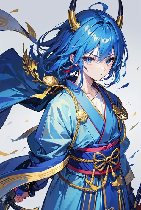 Standing portrait, Central Focus, Centered, Fully in-frame, Solo, Standing still, zoomed out

Gender: boy

Appearance: blue hair, he wears a deep blue and gold samurai armor over a regal kimono and hakama clothes, he has gold bull horns and wears a facemas...