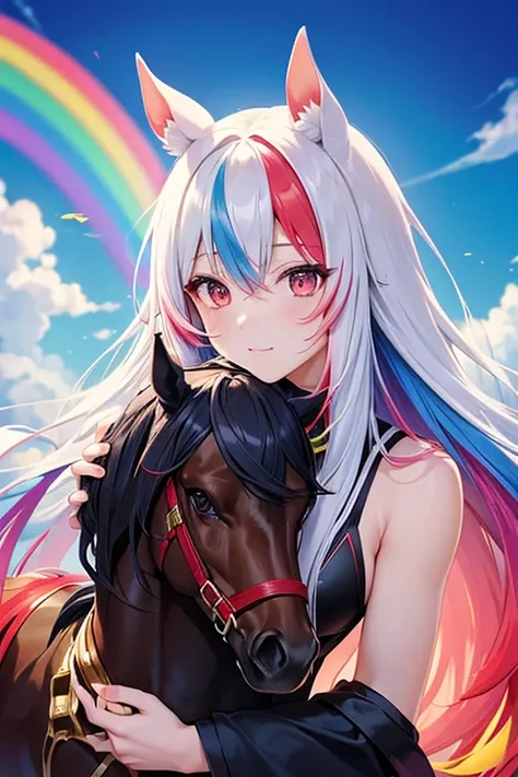 Horse Girl、Horse ears on head、Rainbow hair colour、Gradient hair color、Long Hair、Red right eye、Yellow left eye、whole body、Muscular、