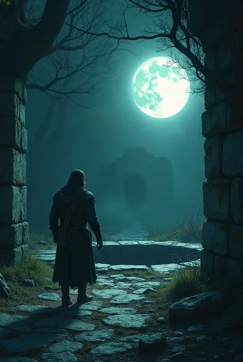 Rohan Approaching the Well**: Rohan walks cautiously towards the well under the glowing moonlight. His face shows determination mixed with a hint of fear. The well looms larger as he gets closer, its stone walls cracked and moss-covered. The night is still...