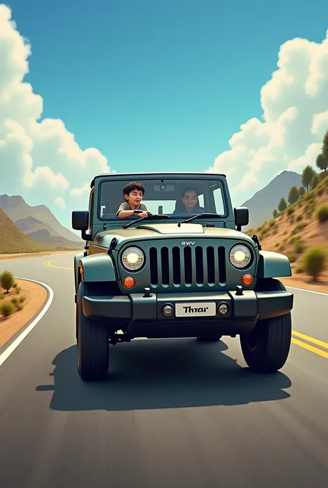 A  boy driving Mahindra Thar 5 door at highway