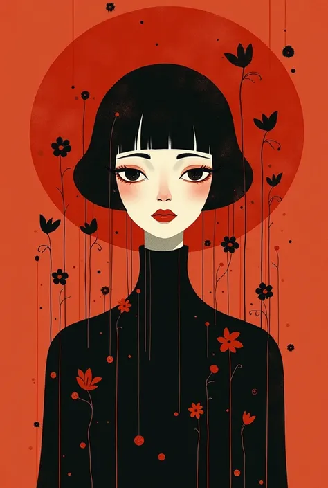 (masterpiece, Best quality:1.2), , Alone,Beautiful face，Red Minimalist Art Nouveau，Illustration style，Black and red，flower