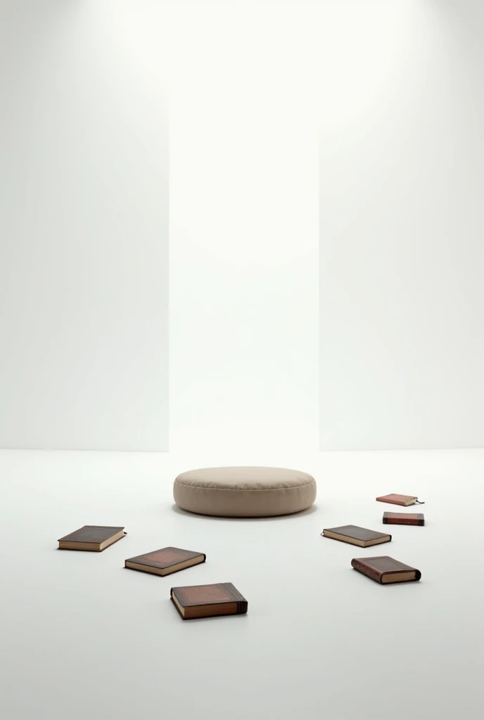 an infinite white space with an infinite white floor with science, history and philosophy books scattered around and a comfortable meditation cushion in the center of them