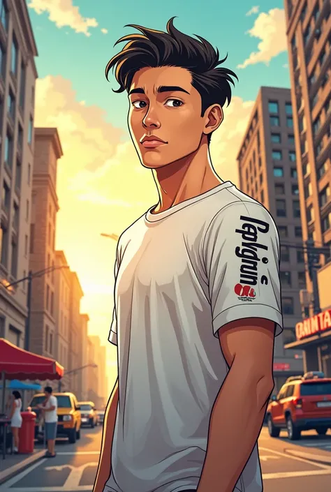 a handsome boy, in the city, sunshine, anime style, with “Dat Nguyen” print vertically in the right arm of the T-shirts