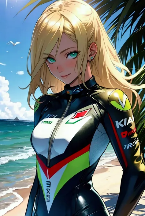 Motogp rider , woman , blond hair , green eyes , cute smie , sea coast , Summer, 