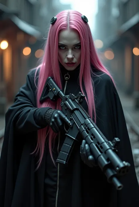 A vampire with straight pink hair with a gun rifle