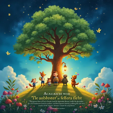 Back Cover Illustration: The ancient oak tree, bathed in golden light, stretches into a starry sky, symbolizing the journeys completion. Below, the characters celebrate: Finn(Fox) with his bright lantern, Luna(Owl) gazing at the stars, Pip(squirrel) tossin...