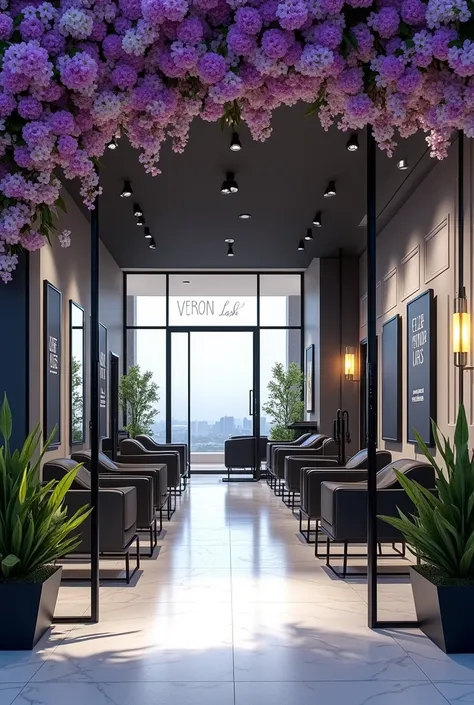 A lash extension studio with large windows and a glass door. At the entrance, there are big purple and white flowers. The interior features black, white, and gray tones with anatomical couches for clients. A large sign on the wall reads Veroni Lash