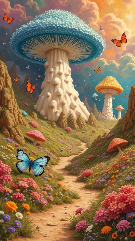 high resolution，retro tone，Oil pastel style，Old feeling，A huge crystal blue mushroom rises in the fantasy valley，Giant colorful butterflies flying，The sky is a fragmented rainbow of colors