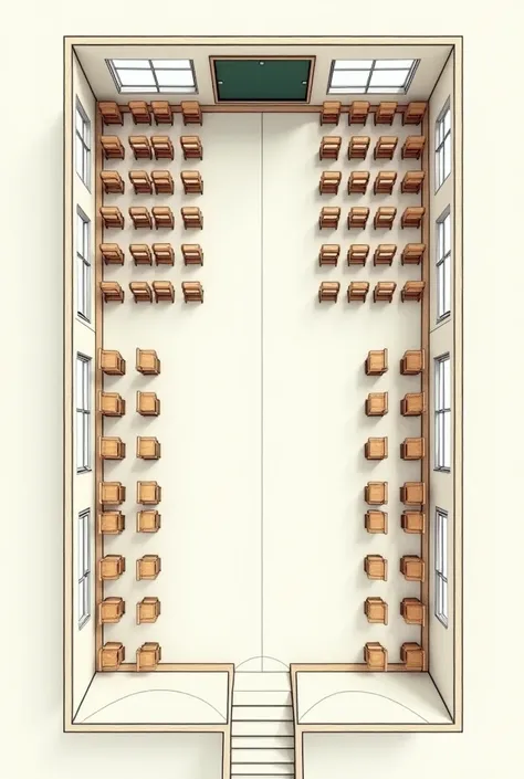 top view floorplan image of a classroom in the Philippines with armchairs only that are lined, facing the blackboard, no tvs and one room only. make it a blueprint and the size should be 4:3 ratio