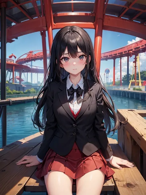 A high school girl sitting at the front of a roller coaster with her arms stretched upwards,,(16k,Ultra-high resolution,Best Quality,masterpiece,Very detailed,Extremely clear CG),Anatomically correct body,Very detailed顔の特徴, Beautiful and perfect face, Perf...