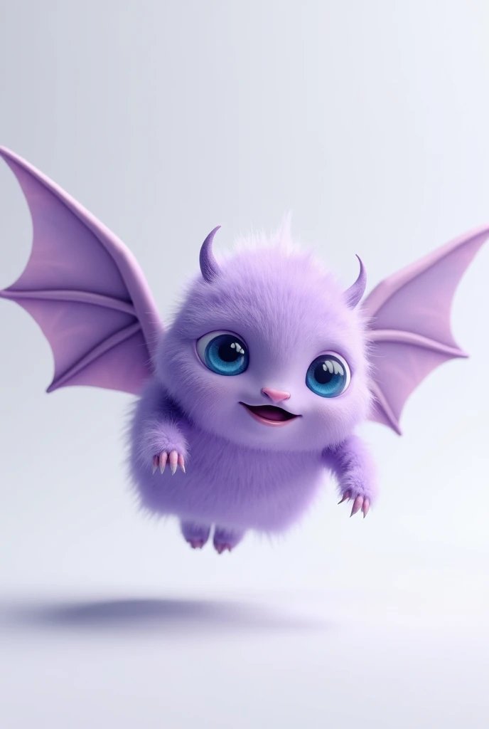 realistic purple litleMonsterstime with wings flying, with a cute blue look, dull look white background without light