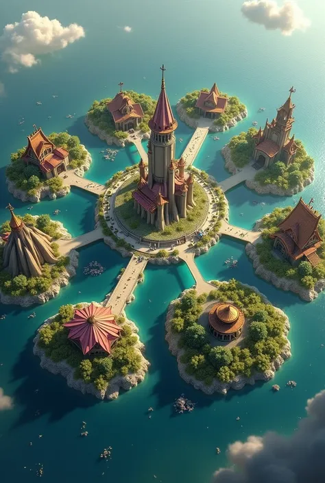 Giant circular continent divided into six distinct cities, large central commercial city with tower, symmetrical layout, river dividing each city, surrounded by water, high detail, realistic (anime)++, (3D rendering style)+, (3D game style)+, dark fantasy ...