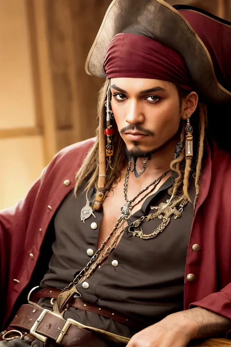 Pirate of the Caribbean sitting, close-up of man with hat, very realistic style, HD, rich in color, dark atmosphere, mystery, sitting in an office, pirate, pirate clothes, light skinned man, 