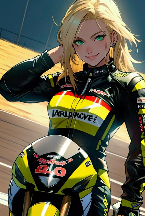 Motogp rider , woman , blond hair , green eyes , cute smile, biker