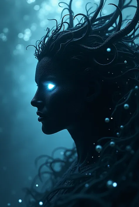 siren face Front profile, like ID black head and face like a shadow and the eyes is white and the hair is tentacles color black and place an blue waves and pearls make it logo