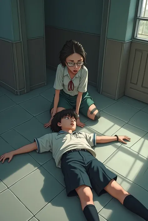 Image of a school girl confused with her friend boy lying on the floor unconscious 