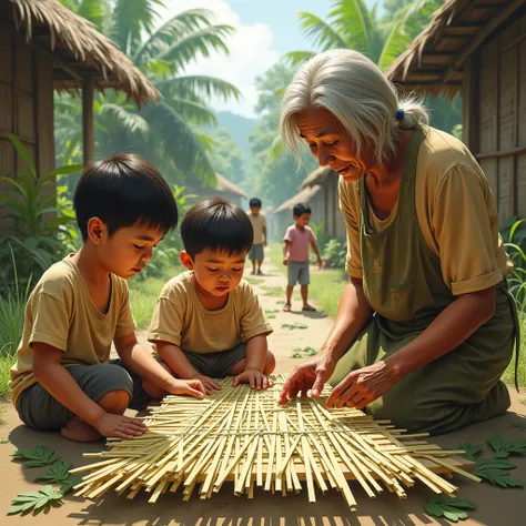  art style, two boys weaving a Mat that is  made from Pandan fibers guided by an old woman villager at their village, a traditional Filipino culture 