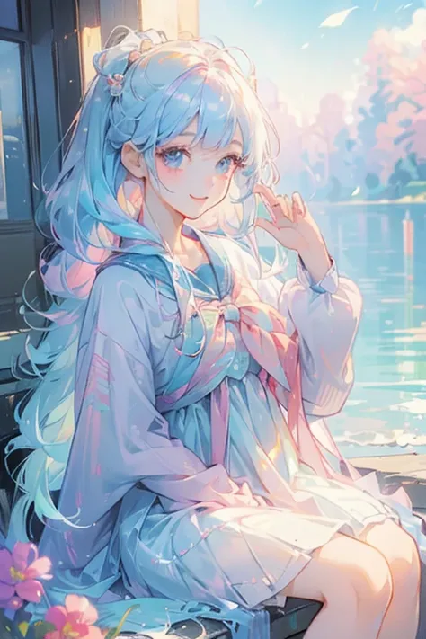 (Masterpiece, Top Quality, Best Quality, Official Art, Beautiful and Aesthetic: 1.2), (1 Girl: 1.3), school uniform,Morning, Good Morning, Smile, Sunny Day, Cheerful, Look Viewer, Pattern, Wave, (Iridescent Hair, Colorful Hair: 1.2)