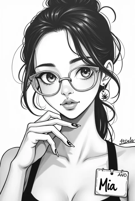 Sexy cute pretty Latina waitress, hair pulled back, clear framed glasses, diamond piercing dermal below lip, nametag MIA, black cat Halloween fingernails, pencil ink drawing, closeup, simple drawing 