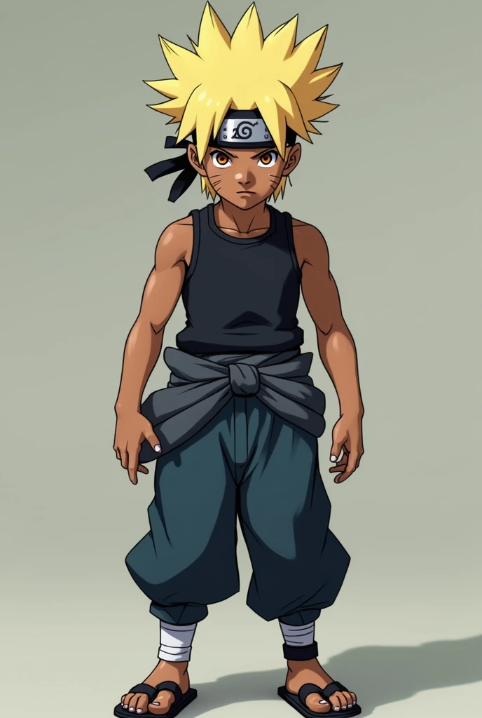 Create a Naruto Classic-style version of Raiden A. He has dark, deep brown skin, just like his father, the 4th Raikage. His hair is blonde and spiked up, he is a jounin, wild but shorter than in later years, resembling his fathers, with a few loose strands...