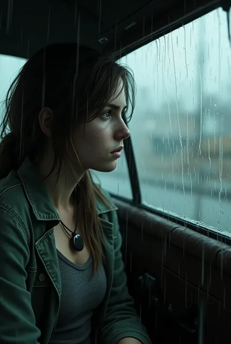 Ellie Williams from the video game, sitting in the car and looking out the window while it rains heavily, Apocalypse atmosphere, Ellie Williams face 