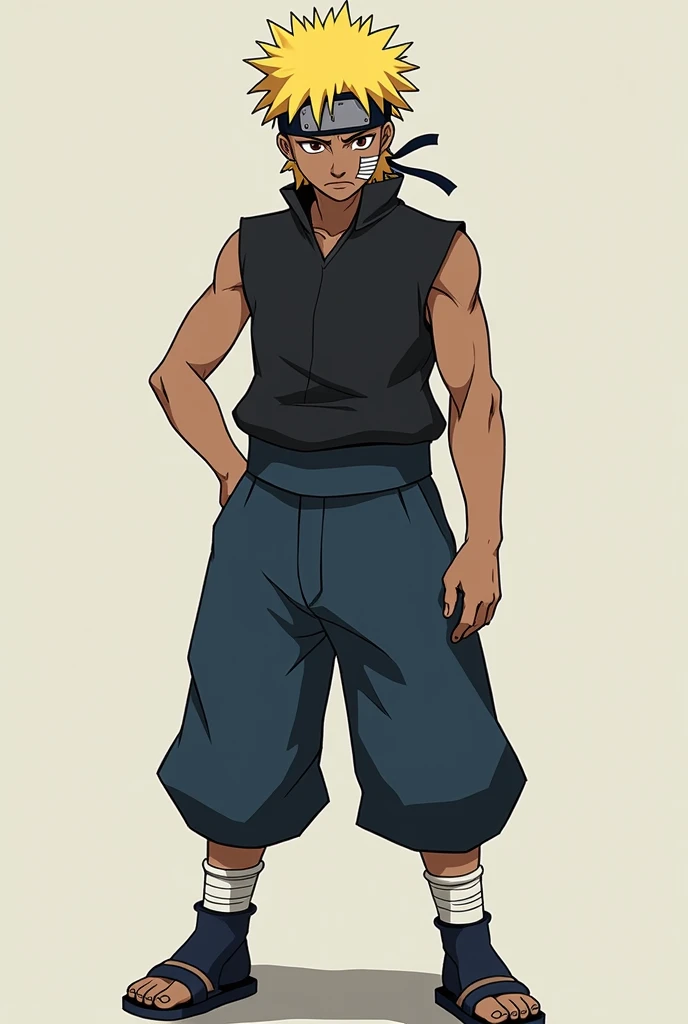 Create a Naruto Classic-style version of Raiden A. He has dark, deep brown skin, just like his father, the 4th Raikage. His hair is blonde and spiked up, he is a jounin, wild but shorter than in later years, resembling his fathers, with a few loose strands...