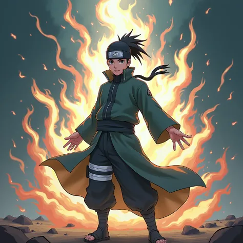 Naruto, source anime, A ninja is using ninjutsu, and the surrounding air is distorted by his power, creating a mysterious light and shadow effect. The color is mainly based on the elements of ninjutsu, and the light and shadow are mainly based on the energ...