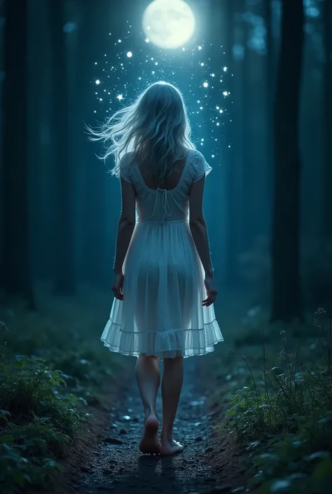 In a dark, damp forest, a barefoot woman is walking on a path cut by the full moon. The girls silver hair dances in the wind. Blue eyes looked around anxiously. Her white dress becomes wet with night dew, leaving footprints behind. Around the girl, small h...