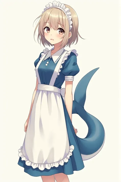 Anime girl with shark tail and short hair wearing maid dress 