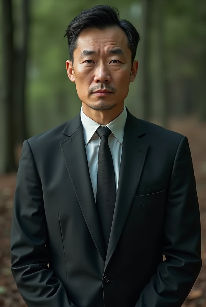 a 45-old years old male,forestry manager,slender,tiny,chinese,160cm,cool,big eye,suit up,handsome