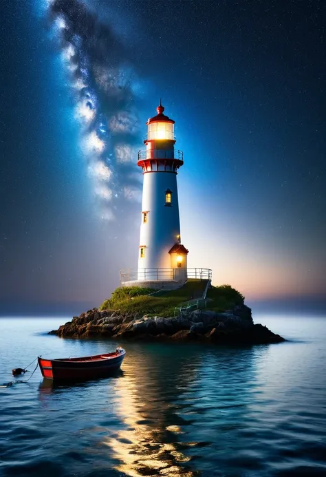 there is a small lighthouse on a small island , light house, lighthouse, set against a stary night background, boat with lamp, listing image, made of glazed, scenic full shot, king, farol da barra, lit up, vivid detail, catalog photo, without background, l...