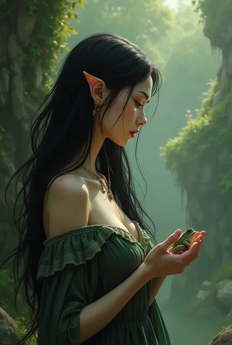 Create digital fantasy art elf mature adult woman inside side, long black hair without bangs. In profile looking down holding a frog in his hands 