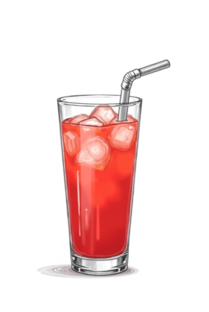 Tomato juice blended with ice in a clear glass. Black and white line drawing.