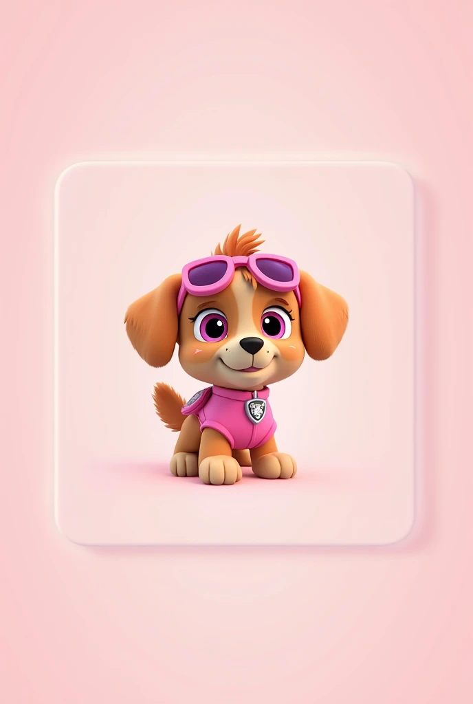 Image of a dog Skye from the program called Paw Patrol wearing the pink clothes, wearing his typical sunglasses on his head, in a cute way,  On a light pink background,With a plain white rectangular space, pink eyes
