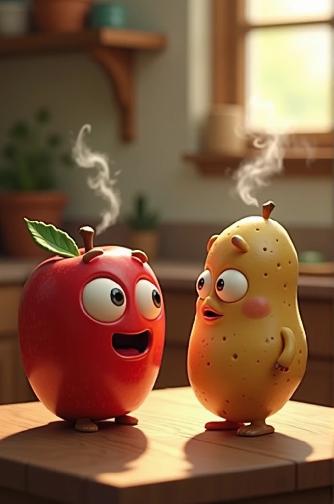 A red apple talking to a potato