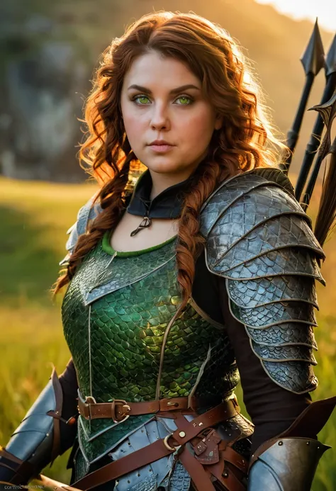 a chubby asesina woman, fantasy, in the dragon age world, long brown hair, green eyes, detailed face, intricate armor, detailed bow and quiver, medieval fantasy landscape, warm lighting, vibrant colors, cinematic composition, photorealistic, highly detaile...