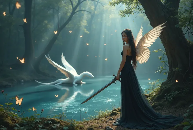 In the dark forest、Long Hair、Beautiful woman、Looking at me and smiling、Black slender dress、Holding a sword、Beside the sparkling lake、Slim and dignified with wings spread々Beautiful white dragon、Fantastic butterflies１Flying