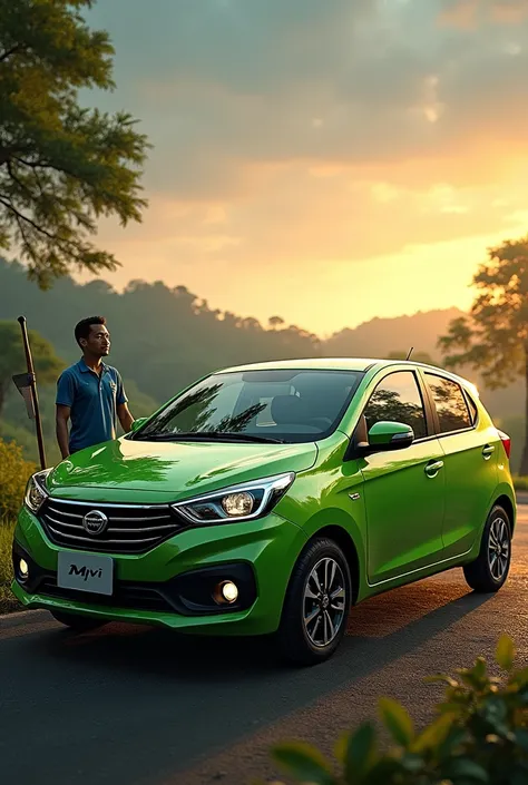 green Myvi car, on the ground, beautiful evening, a Malay man was standing with a hoe