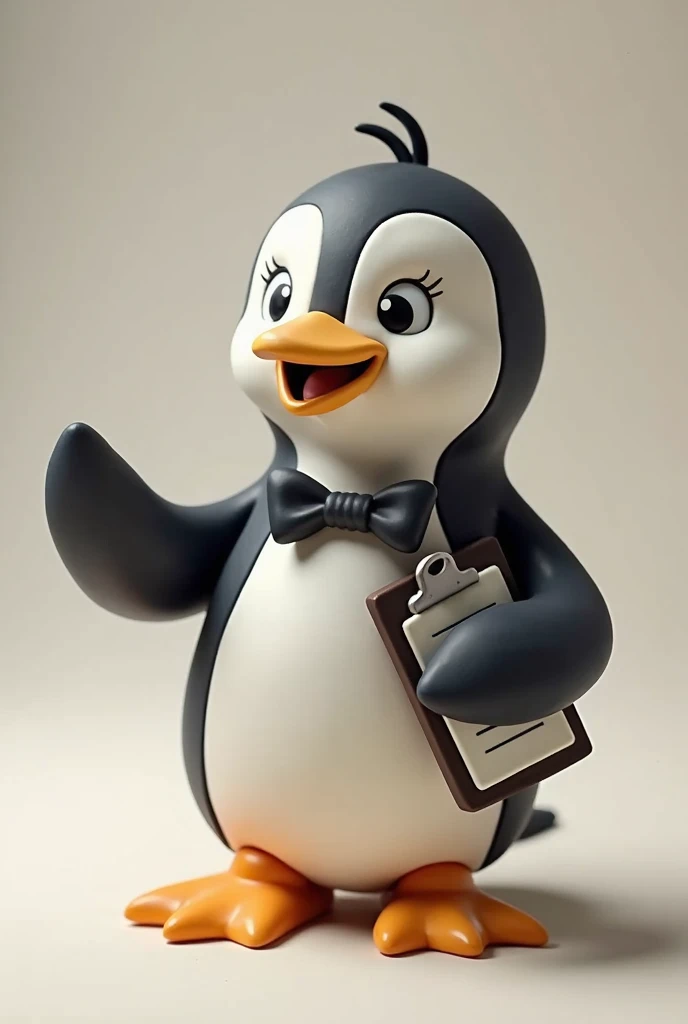 kawaii clay animation style, Description: A sophisticated penguin wearing a bow tie and holding a clipboard.
Personality: Polite, knowledgeable, and slightly formal with a hint of playfulness.
Features: Tuxedo-like feathers, flippers pointing at answers, a...