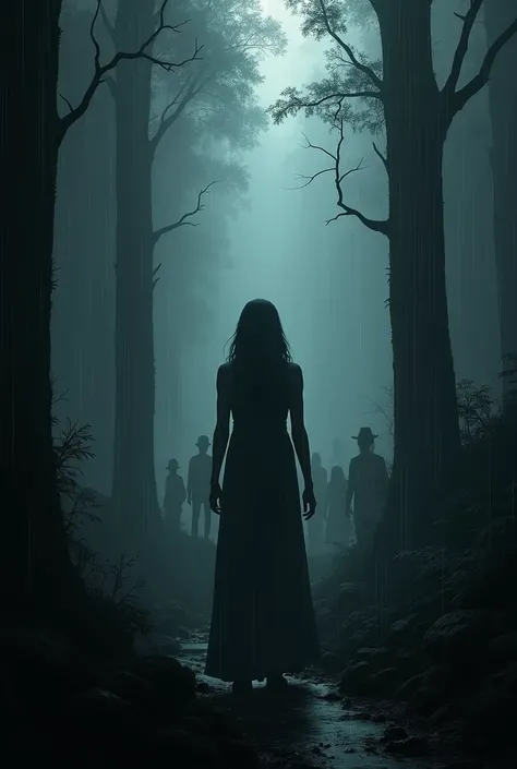 A teenage shadow woman at the bottom of a dark forest with very heavy rain and mud and behind her there are hikers looking down and it is very dark, almost black