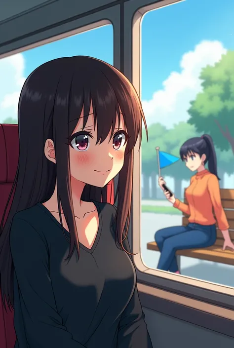 A kawaii woman with straight long dark brown hair, wearing a black blouse, wide eyes and a nervous smile grin with raised eyebrows, sits in the window seat inside a bus while outside the window is a woman sitting on a bench wearing navy blue jeans, an oran...