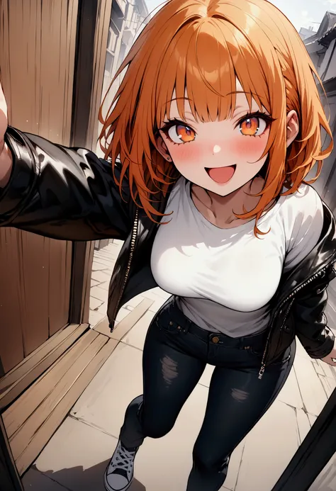 (masterpiece:1.1), (best quality:1.1),Orange bob hair、Orange bob hair、Black Leather Jacket、White T-shirt、black wash jeans、white converse shoes、Dynamic Angles、Osaka、whole body、Detailed expression of eyes、smile