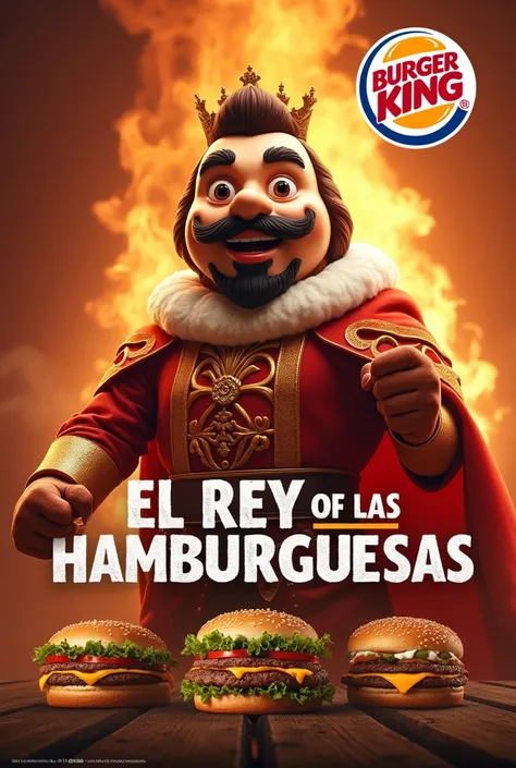 Generate an advertisement for Burger King that contains the title "The King of Burgers" that the advertisement contains the title in Spanish and the Burger King logo that the advertisement contains the text of "The King of Burgers" and have a visually attr...