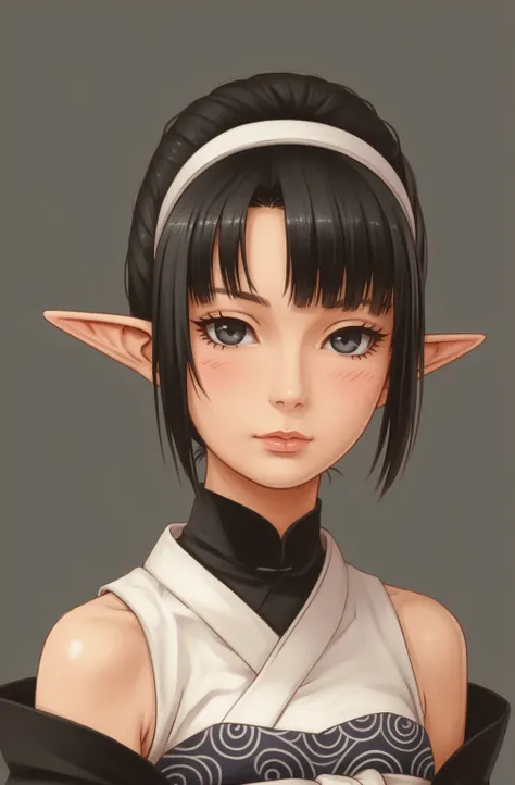 An anime character wearing short black and white hakamas, two ribbons {one at each side of her hairband}, white obi with black and white seigaiha pattern, girl with elf ears, a beautiful young girl with long black hair tied up in one single bun centered on...